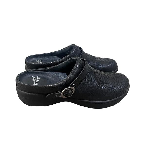 Dansko Shoes Womens Size 39 Black Embossed Slip On Clogs Mary Jane Comfort Work - Picture 3 of 7